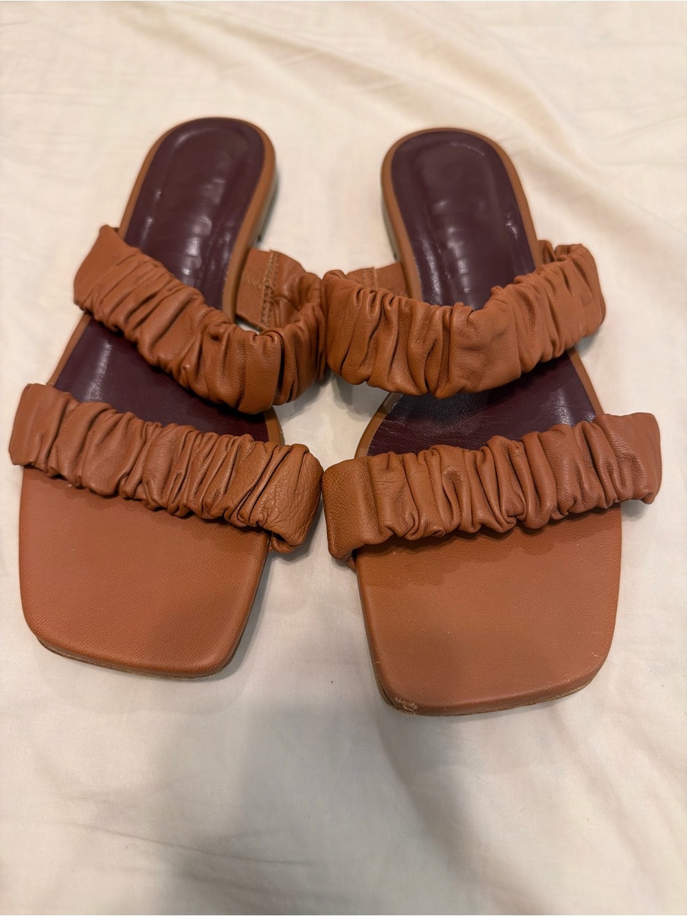 STAUD Ruched Double-Strap Slide Sandals in Cognac Brown